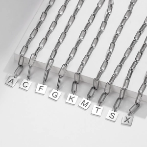 Minimalist silver stainless steel paperclip chain letter pendant necklace set