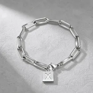Minimalist Titanium Steel Paperclip Chain Bracelet With Square Letter Pendant For Women Bridesmaid Wedding Party Jewelry Gift