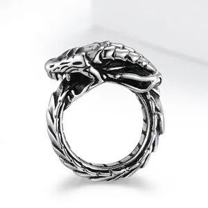 Vintage Punk Dragon Ring Stainless Steel Oxidized Serpent Wrap Finger Band For Men Women Gothic Jewelry Accessory