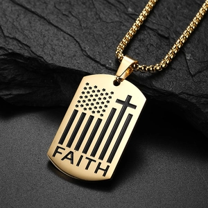 Gold stainless steel dog tag necklace with cross flag and Faith engraving on rock