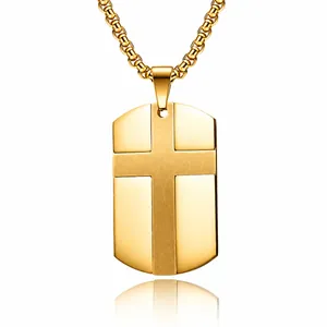 Stainless Steel Cross Dog Tag Necklace For Men Vintage Brushed Polished Religious Prayer Pendant Jewelry With Box Chain