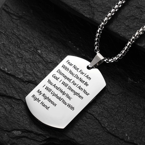 Titanium steel dog tag necklace with Isaiah 41:10 bible verse on dark rock base