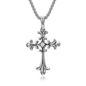 Collier Pendentif Croix Gothique Vintage Acier Inoxydable Zircone Bijoux Religieux Pour Hommes Style Hip Hop Rock Cadeau