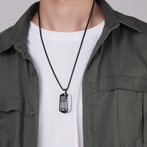 Men's black stainless steel dog tag necklace with FAITH engraving and American flag