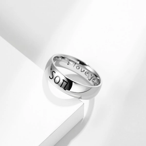 Detail view of 6mm stainless steel ring with SON and I love you engraving
