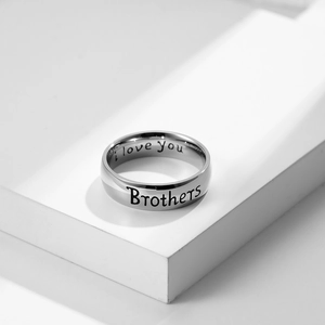 Polished 6mm silver stainless steel ring engraved with Brothers and I Love You text