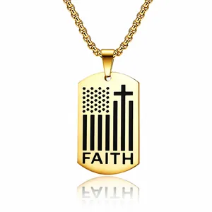 Faith Stainless Steel Cross Dog Tag Necklace For Men American Flag Religious Pendant With Box Chain Jewelry Gift