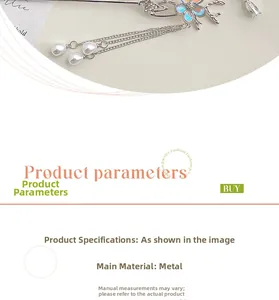 Close-up of floral moonstone hair pin with silver tassels and pearl pendant detail