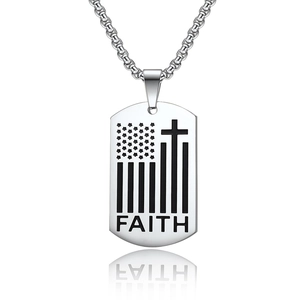 Silver stainless steel FAITH dog tag pendant with American flag and cross details