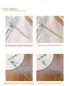 Detail view of bamboo hairpins in gold and silver finishes with green jade accents