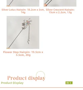 Detailed view of silver moonstone hairpins with lotus, butterfly motifs and dimensions