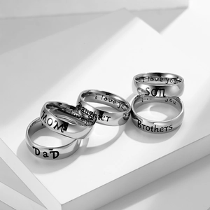 Set of 5 polished stainless steel 6mm rings with family laser engravings for mom and dad
