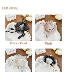 Detailed views of lace scrunchies with satin ribbons and pearl accents in cream colors