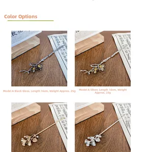Detailed comparison of four metallic floral hairpins with plum and ginkgo leaf designs