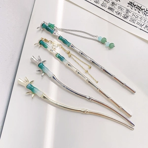 Ancient Style Bamboo Hair Stick Elegant Hanfu Accessory Alloy Jade Look Hairpin With Tassel For Women Vintage Jewelry