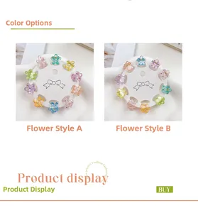 Detailed view of mini flower hair clips set in assorted jelly colors and glitter finish