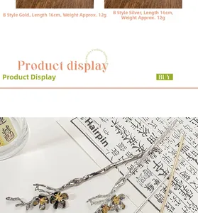 Detailed view of 16cm Chinese plum blossom hairpins in gold and silver metal finishes