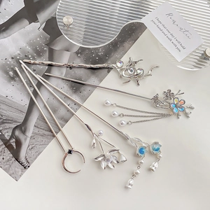 Vintage Alloy Silver Hair Stick With Tassel Faux Artificial Pearl Moonstone Flower Butterfly Moon Shape Hairpin For Women New Chinese Style Hair Accessories