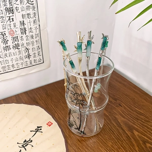 Set of four silver bamboo hair pins with green gradient tips for Hanfu styling