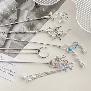 Silver alloy hair sticks with moonstone tassels and pearls in various Chinese designs