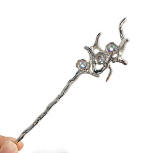 Silver hair pin with liquid metal design and iridescent moonstone fringe beads