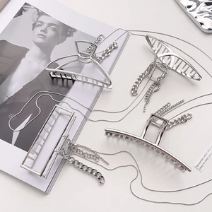 Damen Silber Metall Haarklammer Mit Langer Quasstkette Strass Punk Stil Hai Clip Große Haarnadel Zubehör