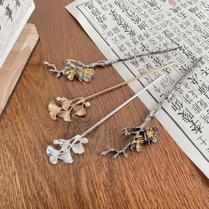 Elegant vintage metal flower hairpins with plum blossom and ginkgo leaf designs