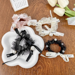 Elegant Organza Satin Ribbon Scrunchie With Imitation Artificial Pearl Bowknot Letter Print Elastic Hair Tie For Women Hair Accessory