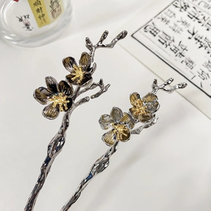 Elegant vintage metal flower hairpins with silver plum branches and golden stamens detail