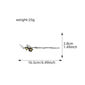 Vintage silver metal plum blossom hair pin with black petals for traditional costumes