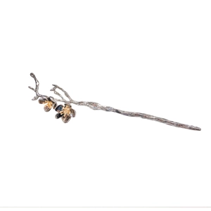 Elegant silver metal hair stick with black flower details and vintage Chinese style
