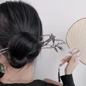 Vintage Chinese Style Alloy Bamboo Leaf Hair Stick Silver Dual Prong Hairpin Elegant Hanfu Cheongsam Hair Accessories For Women