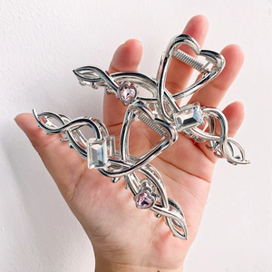 Silver vine hair claw set with pink heart rhinestones and zircon crystals on metal clip