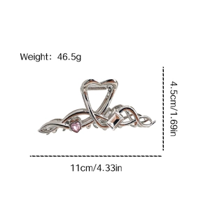 Silver liquid metal shark hair clip with pink heart zircon and size dimensions
