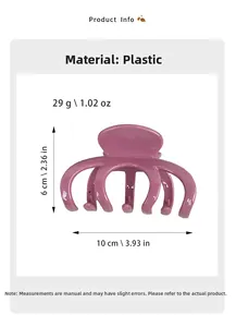 Detail view of purple pumpkin hair claw clip showing precise size dimensions and plastic material