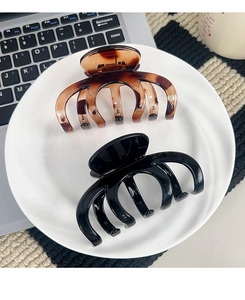 Detailed close-up of large amber tortoise and glossy black hair claws on a ceramic plate