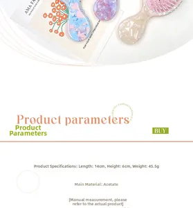 Mini brosse à cheveux en acétate, motifs floraux et marbrés, taille 14cm par 6cm