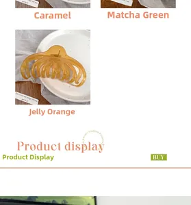 Detail view of 13cm octopus hair claws in caramel, matcha green and jelly orange finishes