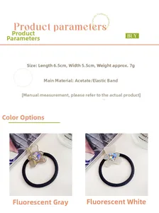 Detail showing candy-colored acetate bear hair tie dimensions and elastic band material