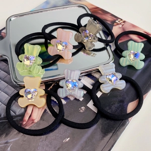 Sweet Bear Elastic Hair Ties Heart Rhinestone Acetate Hair Rope Candy Color Fluorescent Hair Bands For Women Girls Headwear