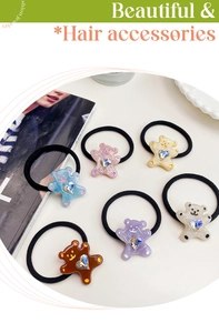 Détail de six chouchous ours colorés avec cristal en forme de cœur et élastiques haute qualité