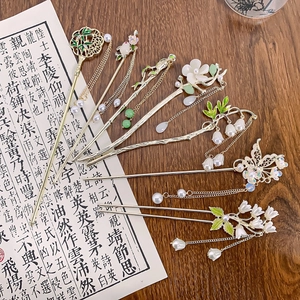 Pic à Cheveux de Style Chinois Vintage en Alliage avec Muguet Feuille de Bambou Gland et Fausse Künstliche Perle Bijoux Élégants pour Femmes