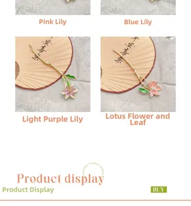 Detail view of four styles of Chinese metal hairpins with enamel lotus and pearl accents