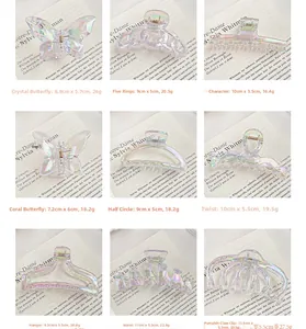 Macro display of diverse pearlescent hair claws in various geometric and butterfly shapes