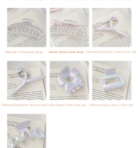 Detailed size and weight specs for iridescent pearlescent hair claw clips in various styles