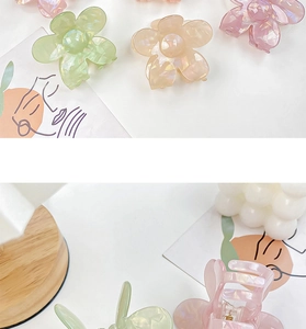 Close-up of pastel flower hair claws in acetate finish with pearlescent texture