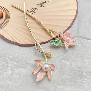 Classic Chinese metal hair pins with pink lotus, white pearls, and gold finish