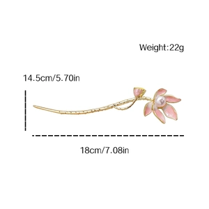 Elegant Chinese lotus metal hair pin with pink petals and white pearl accent