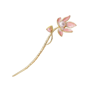 Elegant Chinese lotus hair pin with pink gradient petals and white pearl on gold finish
