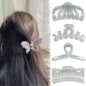 Iridescent mermaid large hair claw clip set with butterfly and geometric shell shapes